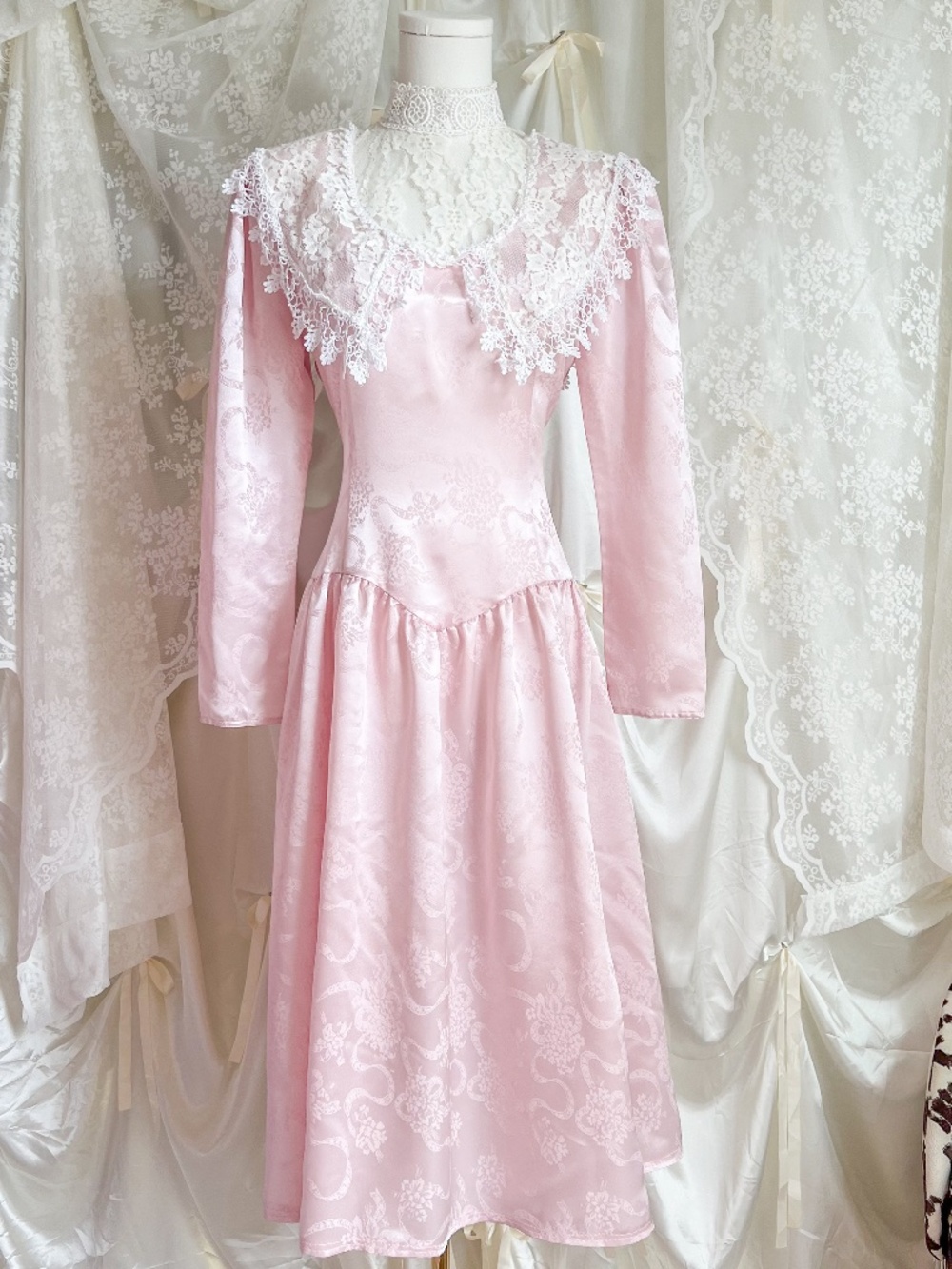 Vintage Pink Lace Collar Prairie Dress Jessica McClintock Romantic Cottagecore